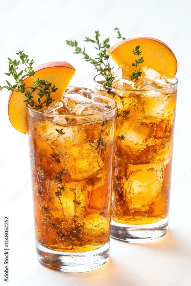 Poster two iced drinks with peach slices and thyme.