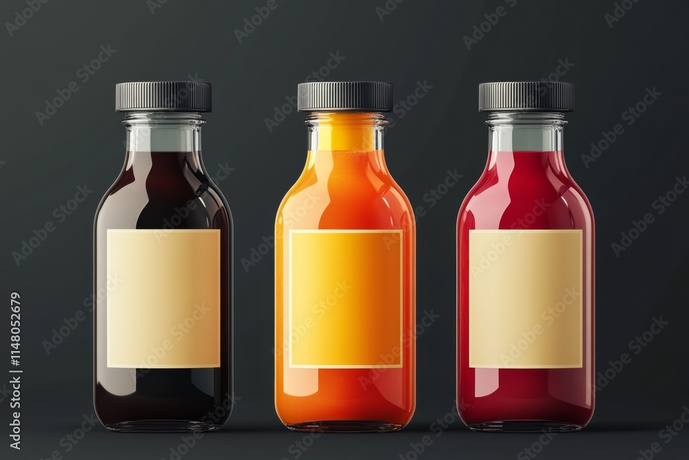 Poster three colorful glass bottles with blank labels showing refreshing juices or smoothies are standing o
