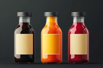 Three colorful glass bottles with blank labels showing refreshing juices or smoothies are standing on a dark background