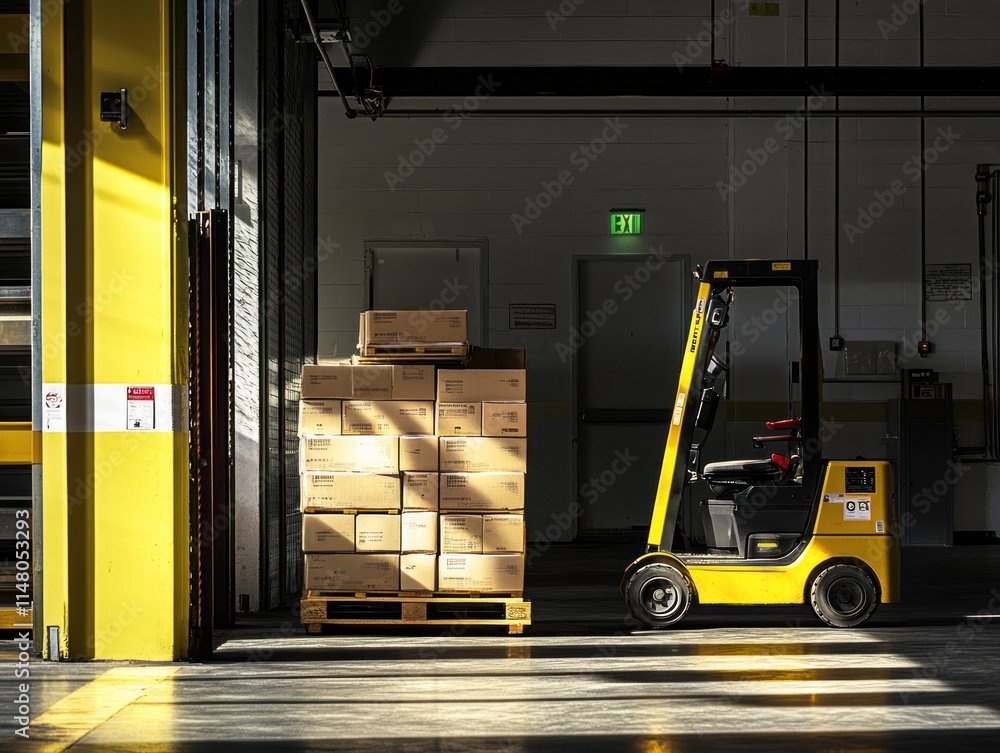 Poster yellow forklift and stacked boxes at warehouse loading dock, shadow and sunlight.