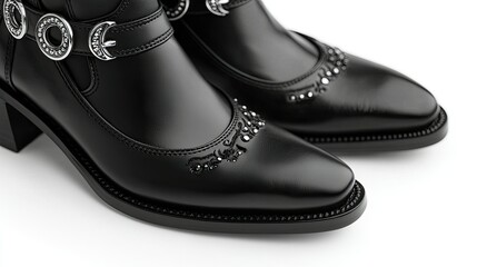Elegant black leather shoes with decorative details and a modest heel.