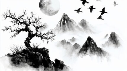 Serene landscape with mountains, a tree, and birds in a misty atmosphere.