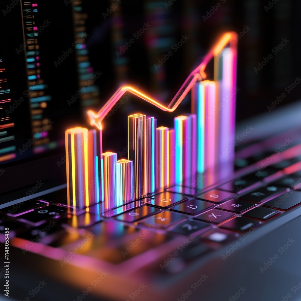 Aufkleber Glowing bar graph on laptop with screen displaying data.
