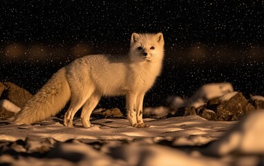 Obraz premium Majestic arctic fox standing in snowy landscape during snowfall, illuminated by golden light.