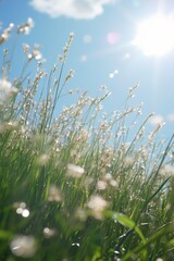 Obraz premium A field of grass with a bright blue sky in the background