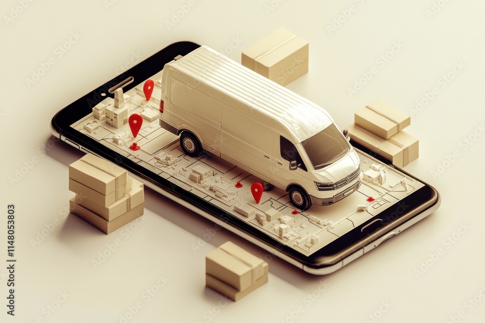 Poster van on phone screen with map pins and packages.