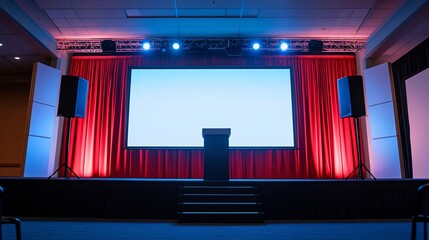 Empty Conference Stage with Red Drapery, Projector Screen, and Ambient Lighting