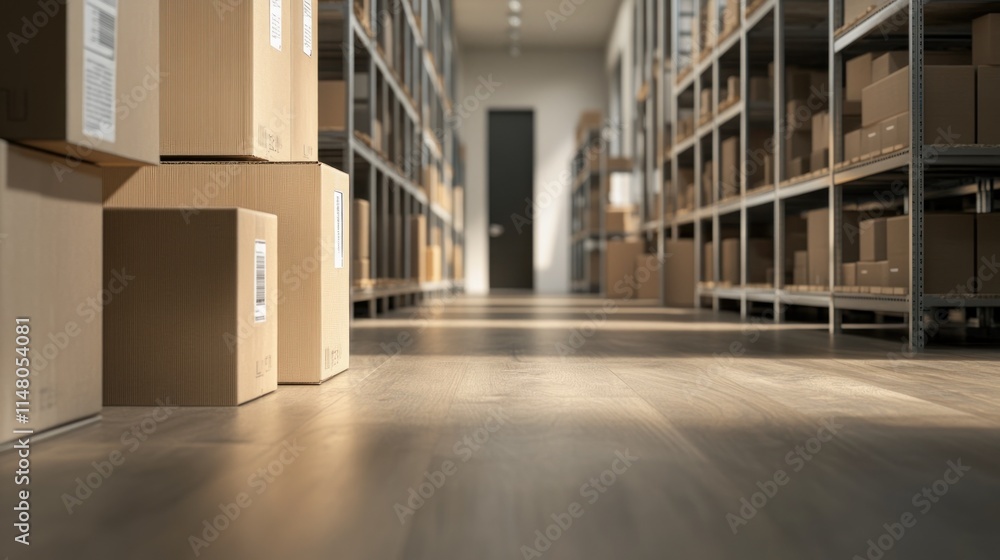 Poster warehouse with stacked cardboard boxes.