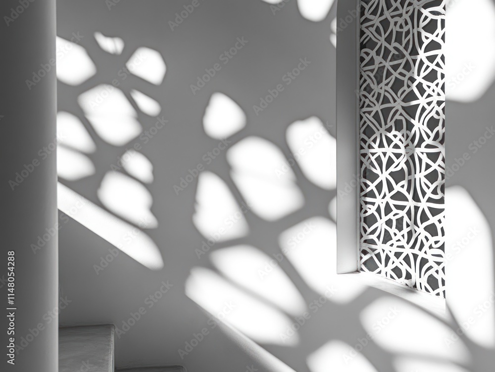 Poster Sunlight creates abstract patterns on wall through ornate panel.