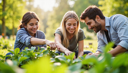 Fototapeta premium Group of friends working together in a community garden outdoors 