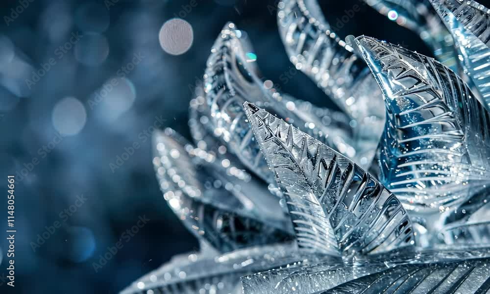 Poster close-up of translucent ice sculpture with intricate leaf patterns