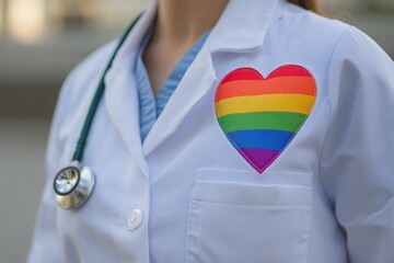 Doctor promoting lgbtq healthcare support, wearing white coat with rainbow heart and stethoscope