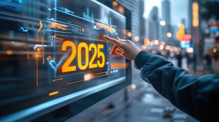 Futuristic display showing year 2025 in city setting