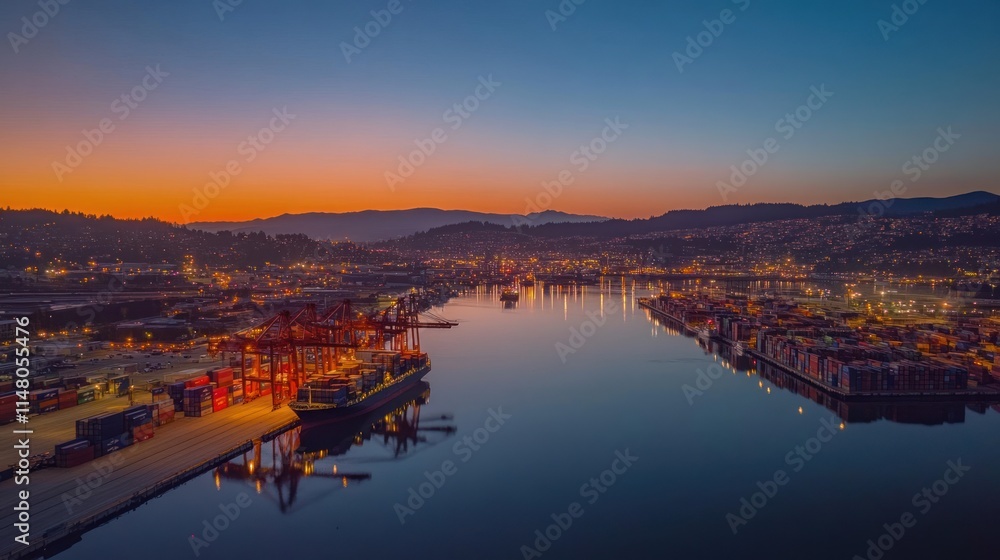 Poster port scene at dusk with cranes, container ship and buildings.