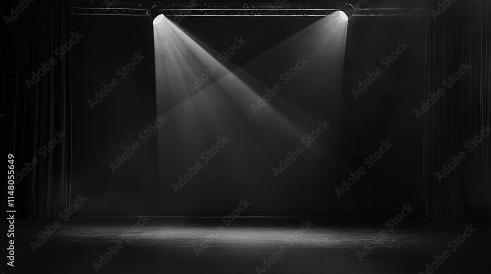 Poster dark stage with spotlight illuminating empty space for performance or event