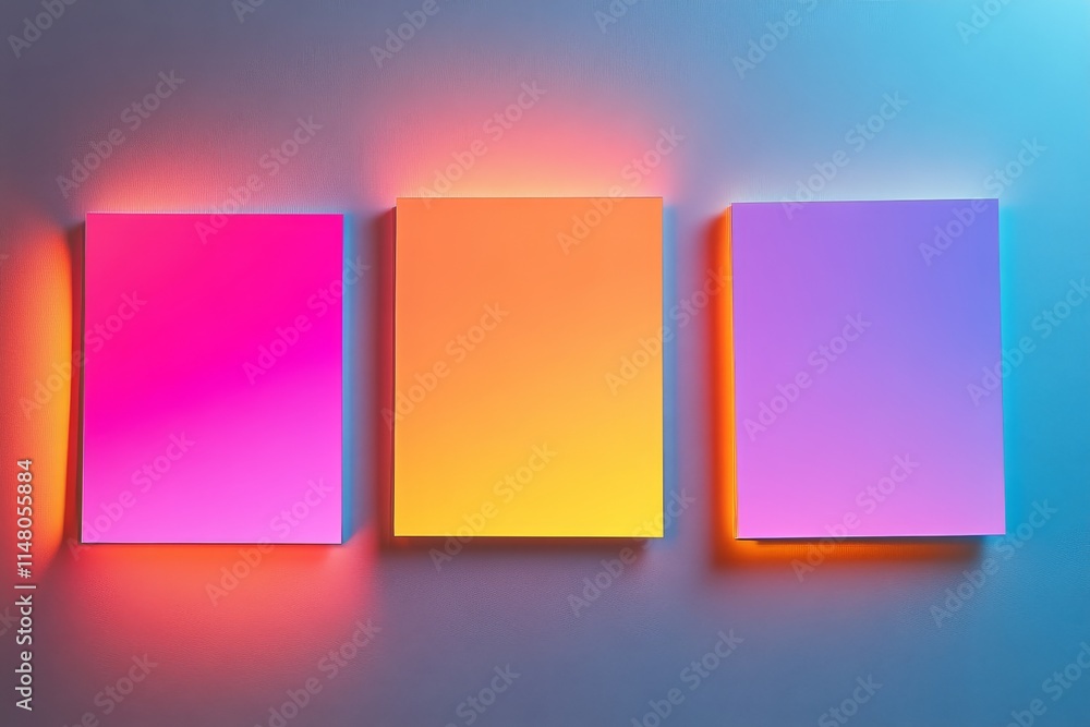 Poster three abstract art panels with gradient colors and ambient lighting create a modern and vibrant disp
