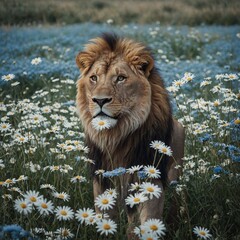 A lion standing in a blue meadow with white daisies.