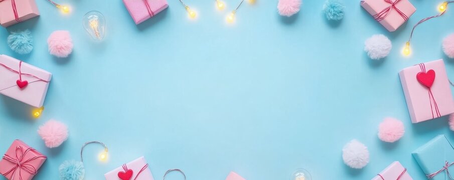 Fototapeta St Valentine's Day concept. Top view photo of gift boxes light bulb garland inscriptions love and fluffy pompons on isolated pastel blue background with empty space