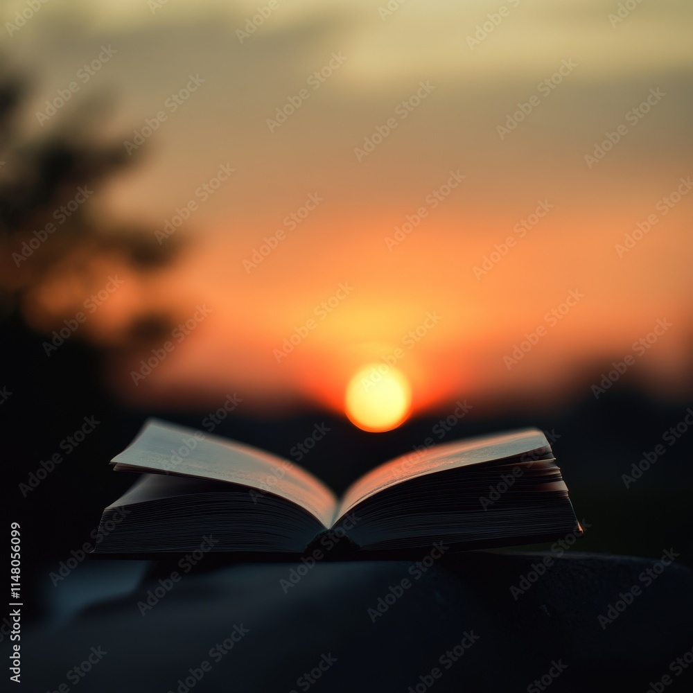 Poster a book is open to a page with a sunset in the background. the book is laying on a surface, and the s