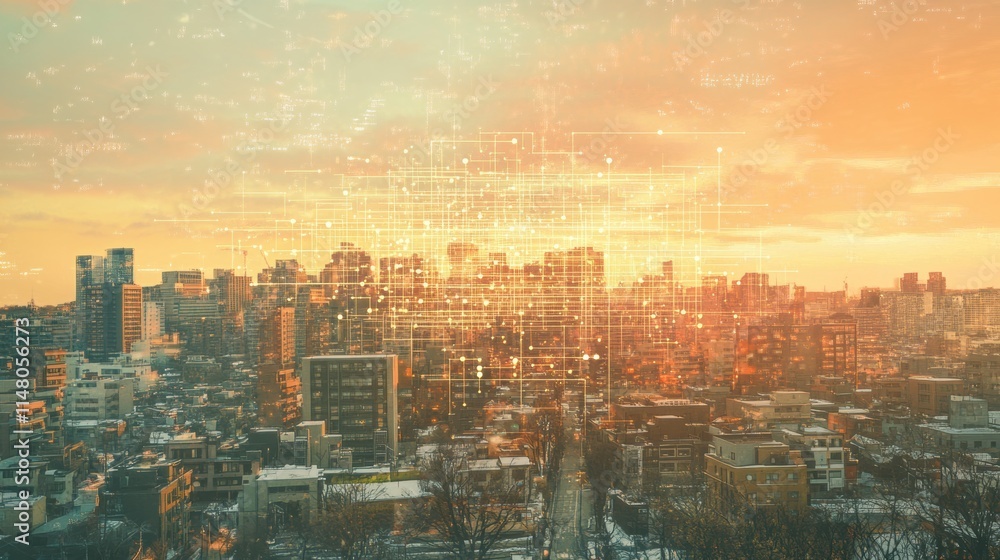 Fototapete cityscape enhanced with neural network design illustrating integration of artificial intelligence in