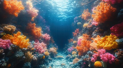 Fototapeta premium Vibrant coral reef, sunlight, underwater scene.