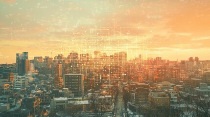 Fototapeta premium Cityscape enhanced with neural network design illustrating integration of artificial intelligence in urban environments. Generative AI