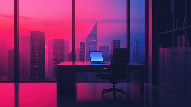 A serene office setting with a desk and laptop, overlooking a vibrant city skyline at sunset, blending pink and blue hues.