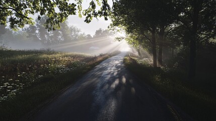 Obraz premium Serene Sunlight Illuminates Quiet Road Through Forest in Early Morning Mist
