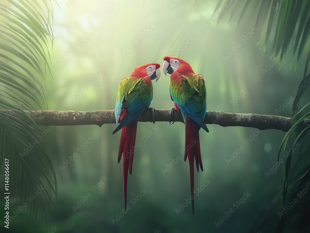 Poster pair of macaws perched on branch in jungle, facing each other.
