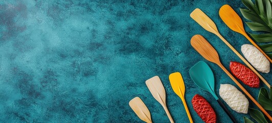 Paddling action with colorful canoe paddles indoor studio high-quality image vibrant background artistic view craftsmanship concept
