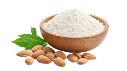 Almond Flour in Wooden Bowl with Almonds and Green Leaves
