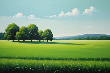 painting of a green field with trees and grass in the foreground