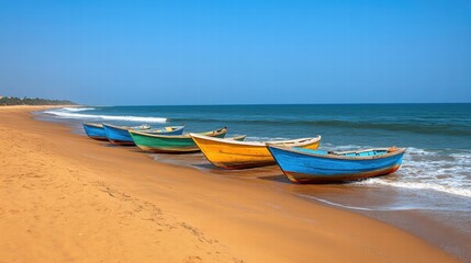 Vibrant Fishing Boats Lining the Sandy Beach Under a Clear Blue Sky, Capturing Coastal Serenity and Colorful Maritime Culture of the Shoreline