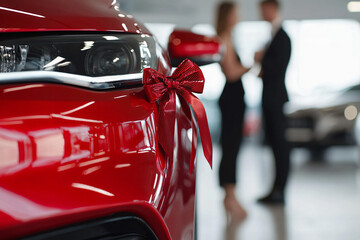 young couple admiring new red car with bow, showroom ambience