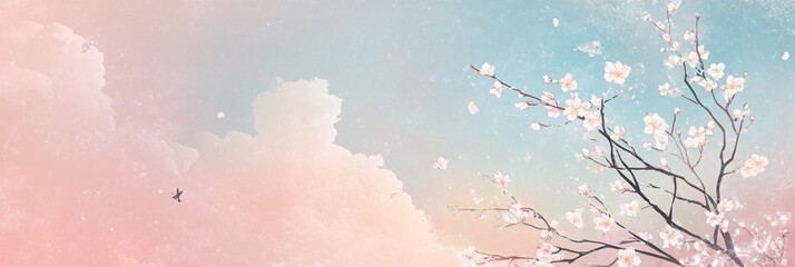 Fototapeta premium Serene Blossom Tree Against Soft Pink and Blue Sky with Gentle Clouds