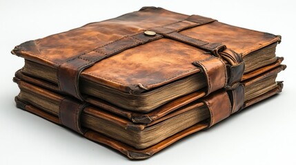 Obraz premium Vintage Leather Bound Book Stack Isolated on White Background. Generative AI