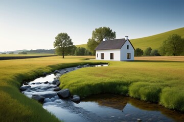 Obraz premium there is a small white house in a field with a stream