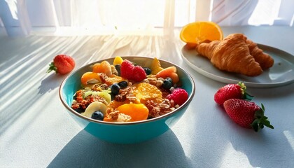 Healthy food in a bowl on a white background. Breakfast with morning sunlight. Healthy concept.