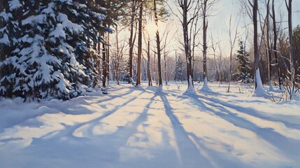 Tranquil Winter Landscape with Snow-Covered Trees and Soft Sunlight