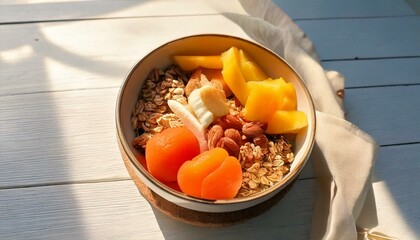 Healthy food in a bowl on a white background. Breakfast with morning sunlight. Healthy concept.