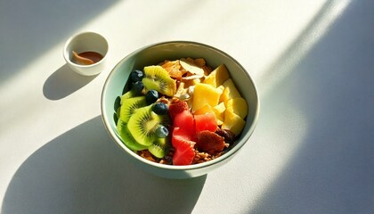 Healthy food in a bowl on a white background. Breakfast with morning sunlight. Healthy concept.