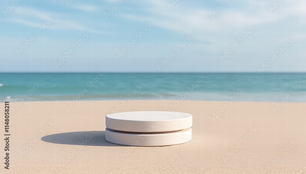 Poster empty round white platform on a beach with calm ocean in background under clear blue sky and soft cl