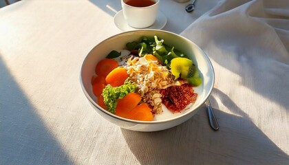 Healthy food in a bowl on a white background. Breakfast with morning sunlight. Healthy concept.