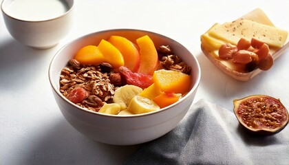 Healthy food in a bowl on a white background. Breakfast with morning sunlight. Healthy concept.