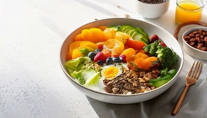 Healthy food in a bowl on a white background. Breakfast with morning sunlight. Healthy concept.