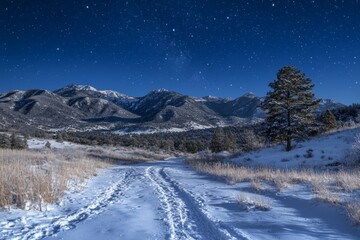 Winter wonderland scene with a snow-covered path winding through a valley towards towering mountains, illuminated by the soft glow of moonlight and countless stars
