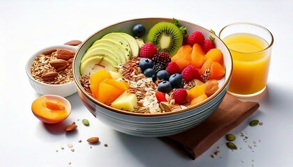 Healthy food in a bowl on a white background. Breakfast with morning sunlight. Healthy concept.