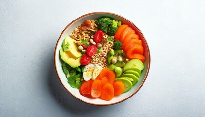 Healthy food in a bowl on a white background. Breakfast with morning sunlight. Healthy concept.