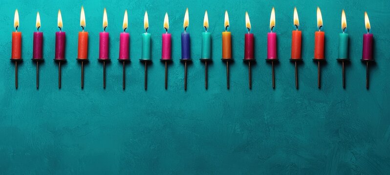 Candles lighting up celebration festive event colorful display indoor setting eye-level perspective joyous atmosphere