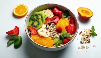 Healthy food in a bowl on a white background. Breakfast with morning sunlight. Healthy concept.